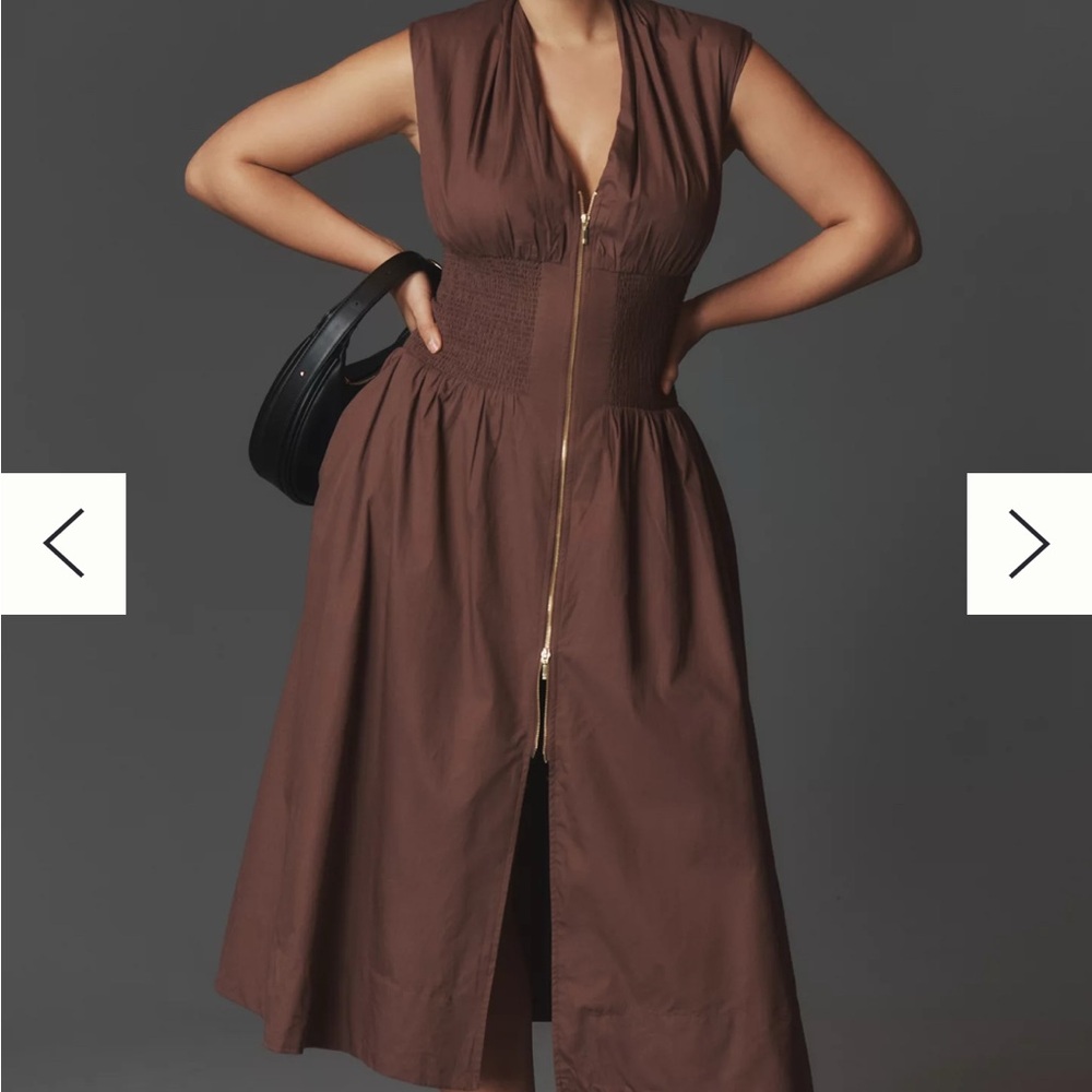 ANTHROPOLOGIE TOMMIE CAP-SLEEVE SMOCKED FRONT-ZIP SHIRT DRESS, BROWN SIZE 2X